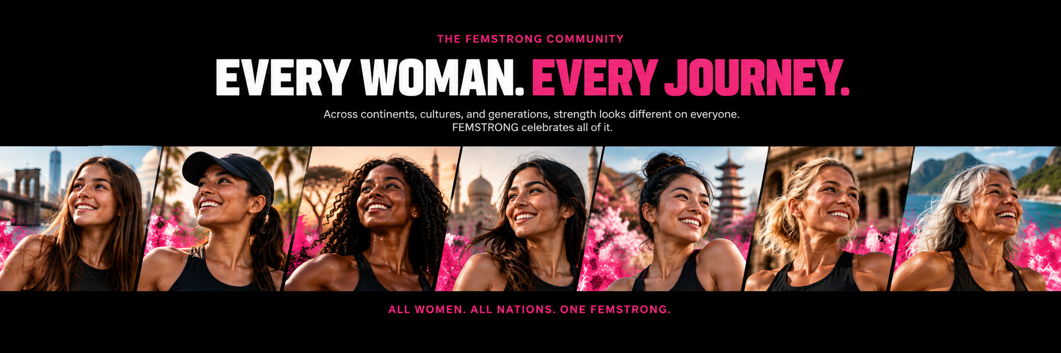 FEMSTRONG Every Woman Every Journey campaign featuring seven women across ages and backgrounds, with no text over their portraits